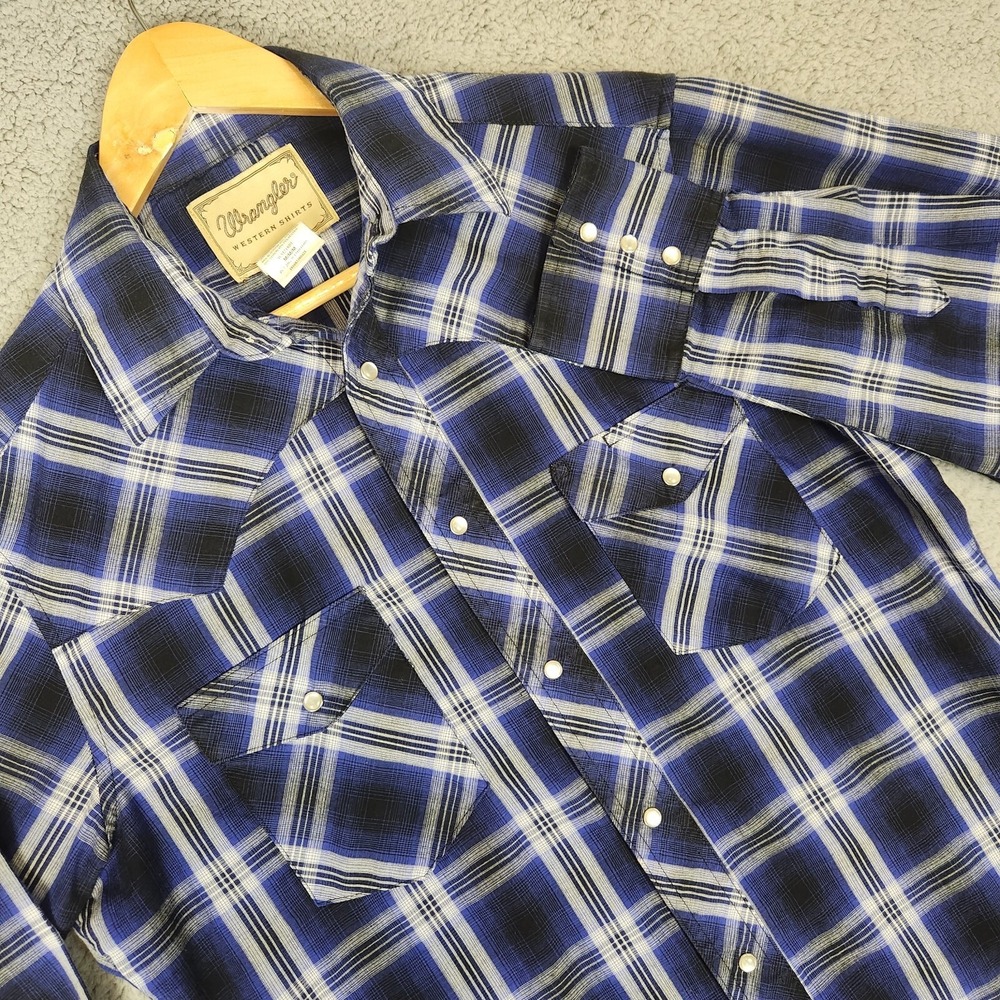 Wrangler Shirt Mens Medium Pearl Snap Western Style Blue Plaid‎ Cotton Blend